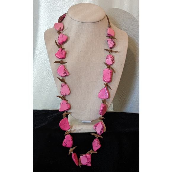 Pink Dyed Stone Necklace Strung Together w/ Rawhide Signed W - Picture 7 of 7